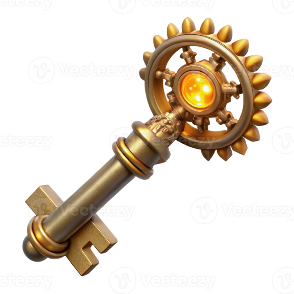 dramatic classic A detailed steampunk key with intricate carvings and clockwork mechanisms, illuminated by a single beam of light authentic png