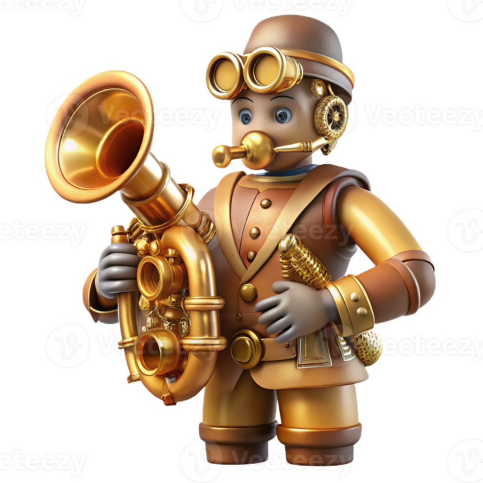 impressive traditional A complex steampunk automaton musician playing a brass instrument, with intricate gears and pistons, lit by a warm stage light exclusive png