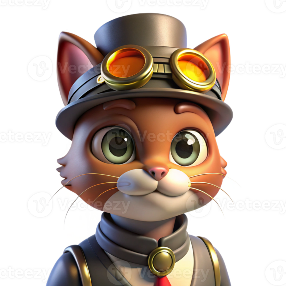 wonderful rustic A portrait of a steampunk cat wearing goggles and a tiny top hat, illuminated by a warm, inviting light premium png