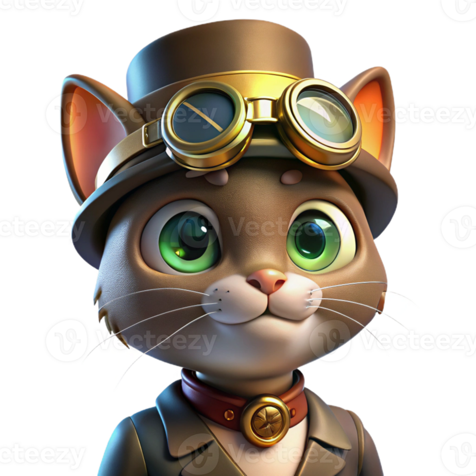 vibrant rustic A portrait of a steampunk cat wearing goggles and a tiny top hat, illuminated by a warm, inviting light genuine png