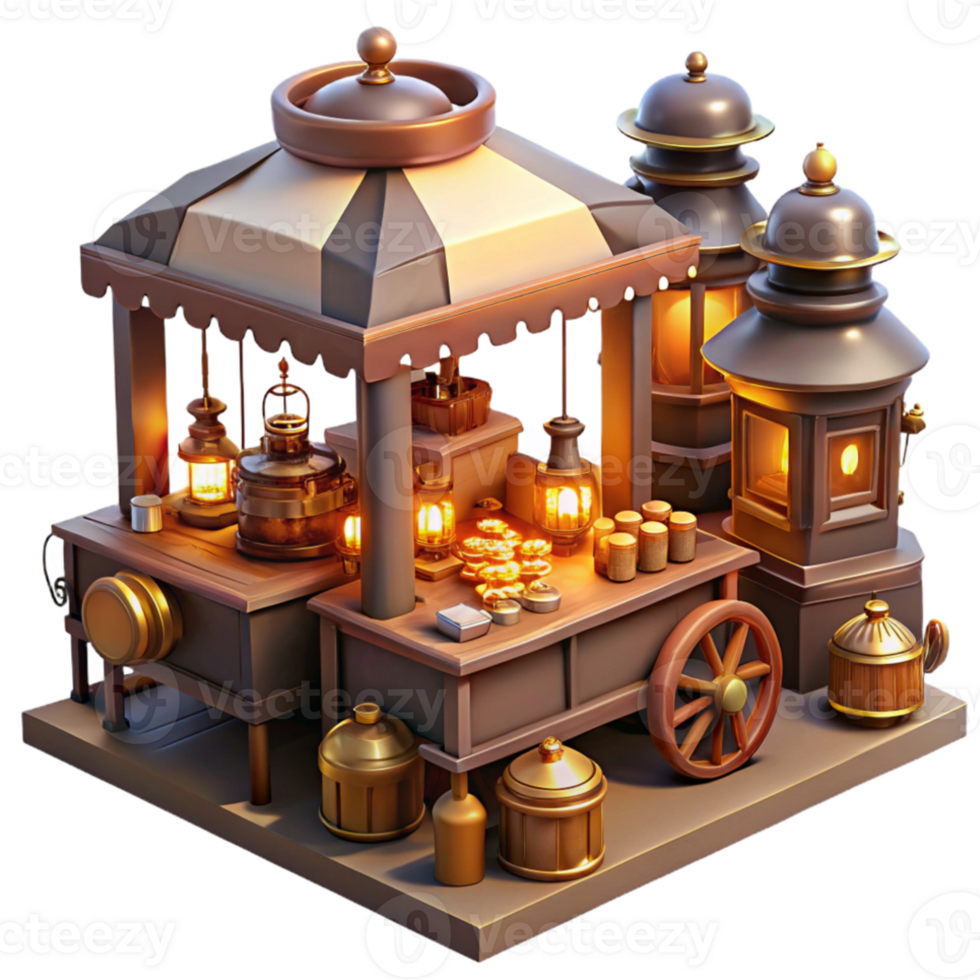 serene minimalist A bustling steampunk marketplace filled with vendors selling curious gadgets and contraptions, lit by warm, flickering gaslight high quality png