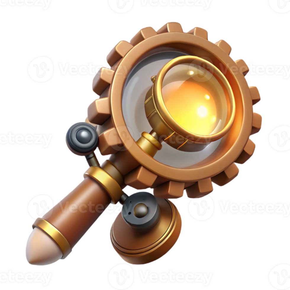wonderful contemporary A sophisticated steampunk monocle with intricate gears and a magnifying lens, illuminated by a single, focused beam of light high resolution png