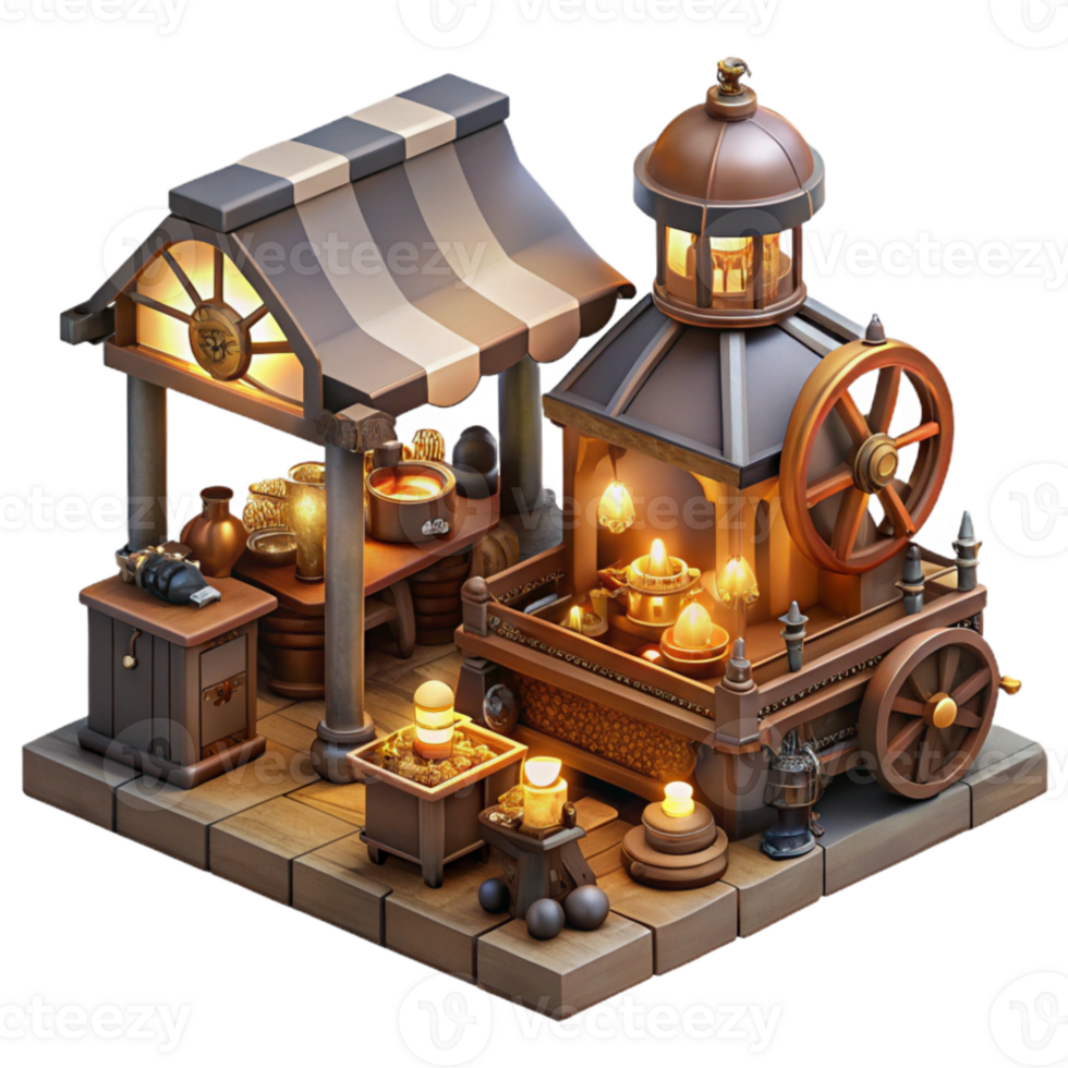 wonderful vintage A bustling steampunk marketplace filled with vendors selling curious gadgets and contraptions, lit by warm, flickering gaslight exclusive png