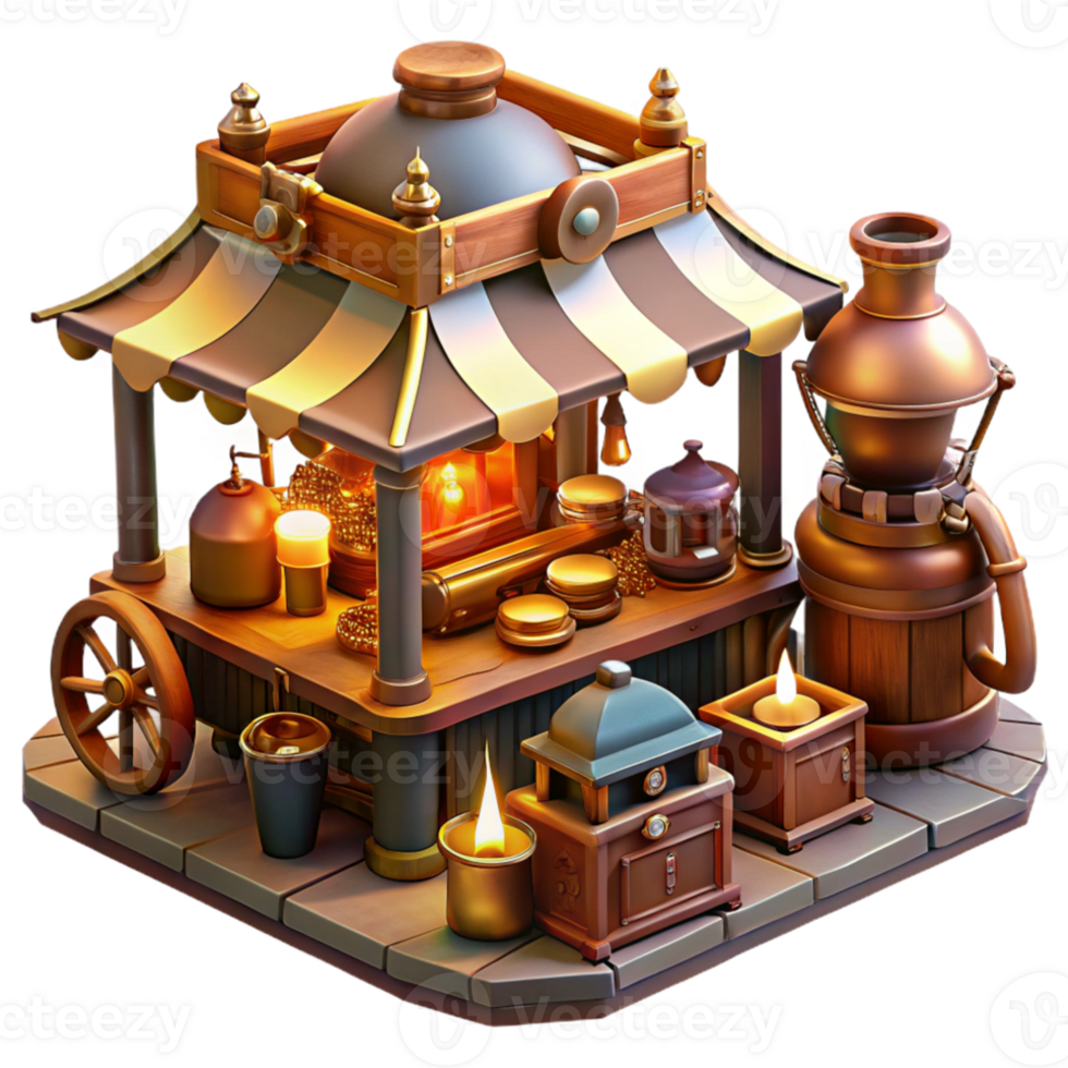 wonderful contemporary A bustling steampunk marketplace filled with vendors selling curious gadgets and contraptions, lit by warm, flickering gaslight exclusive png