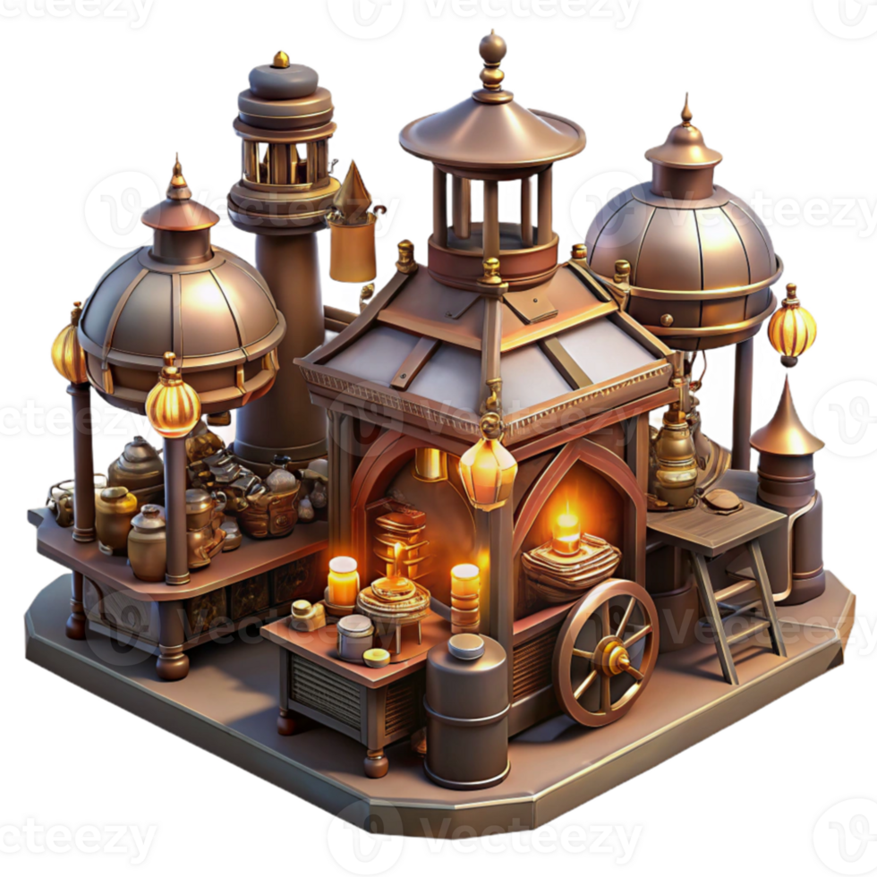 serene rustic A bustling steampunk marketplace filled with vendors selling curious gadgets and contraptions, lit by warm, flickering gaslight authentic png