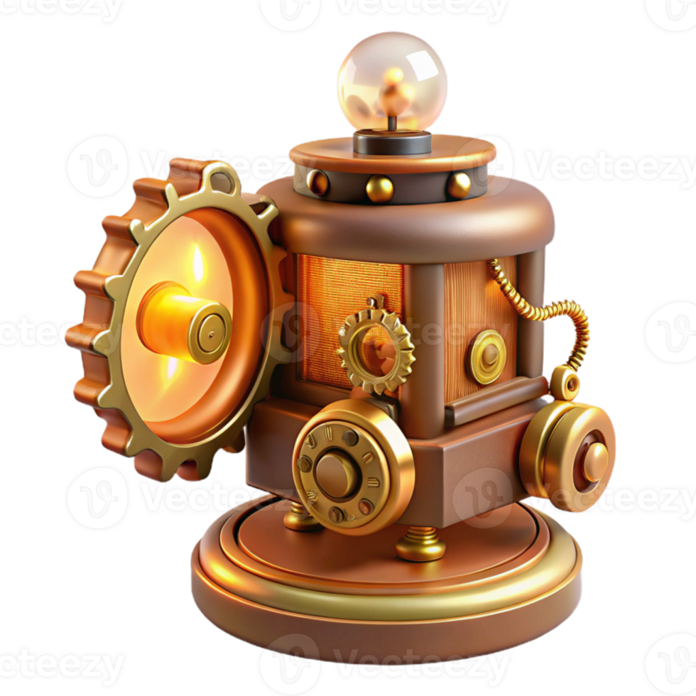 wonderful modern A whimsical steampunk music box, adorned with gears, cogs, and a tiny dancing figurine, lit by a warm, candlelight glow high quality png