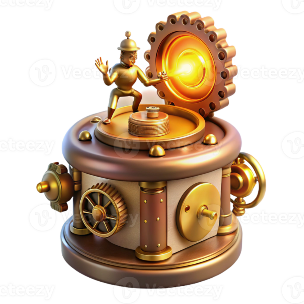 vibrant classic A whimsical steampunk music box, adorned with gears, cogs, and a tiny dancing figurine, lit by a warm, candlelight glow professional png