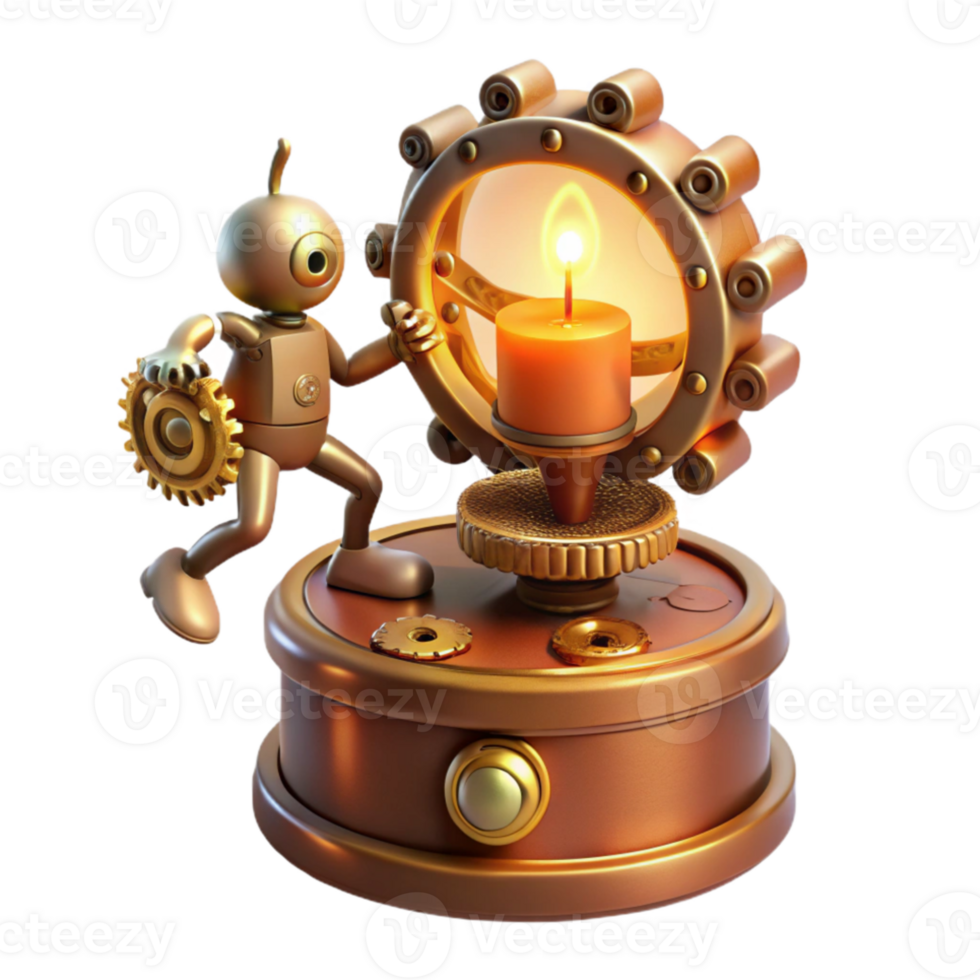 elegant minimalist A whimsical steampunk music box, adorned with gears, cogs, and a tiny dancing figurine, lit by a warm, candlelight glow genuine png