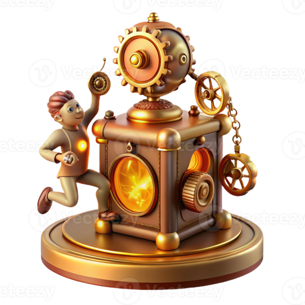 elegant modern A whimsical steampunk music box, adorned with gears, cogs, and a tiny dancing figurine, lit by a warm, candlelight glow exclusive png