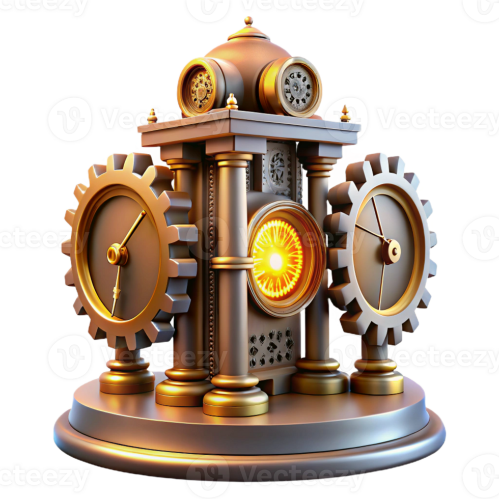 dramatic vintage A grand steampunk clock tower with intricate gears and Roman numerals, illuminated by a bright, midday sun authentic png