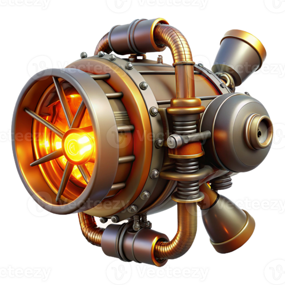 impressive artistic A powerful steampunk airship engine with spinning turbines and glowing vacuum tubes, illuminated by a fiery, orange light exclusive png