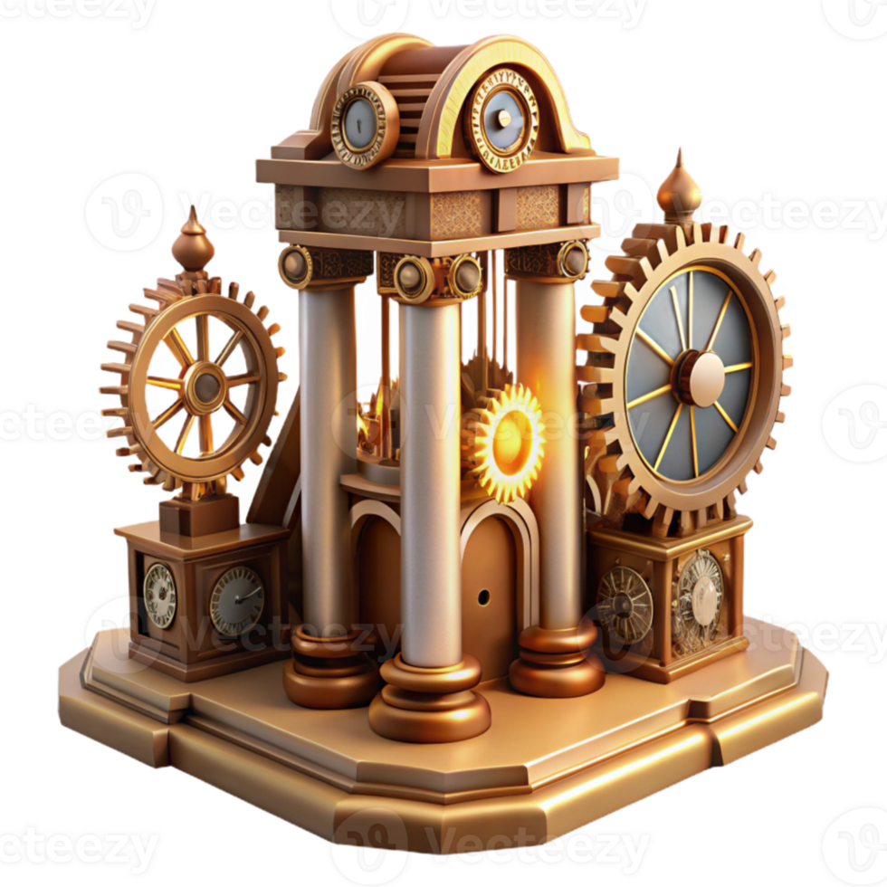 extraordinary modern A grand steampunk clock tower with intricate gears and Roman numerals, illuminated by a bright, midday sun high resolution png
