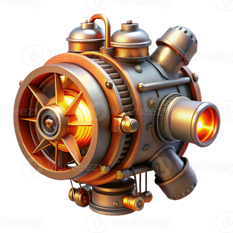 extraordinary artistic A powerful steampunk airship engine with spinning turbines and glowing vacuum tubes, illuminated by a fiery, orange light original png