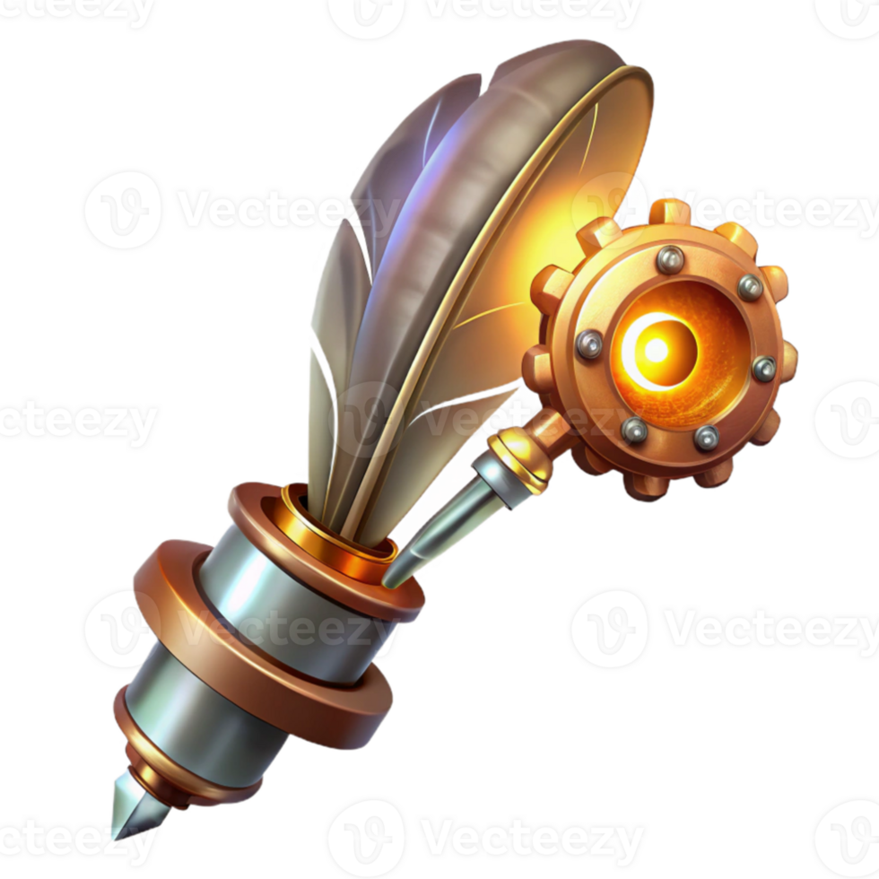 impressive classic A detailed steampunk writing quill with intricate gears and a brass nib, illuminated by a soft, lamplight premium png