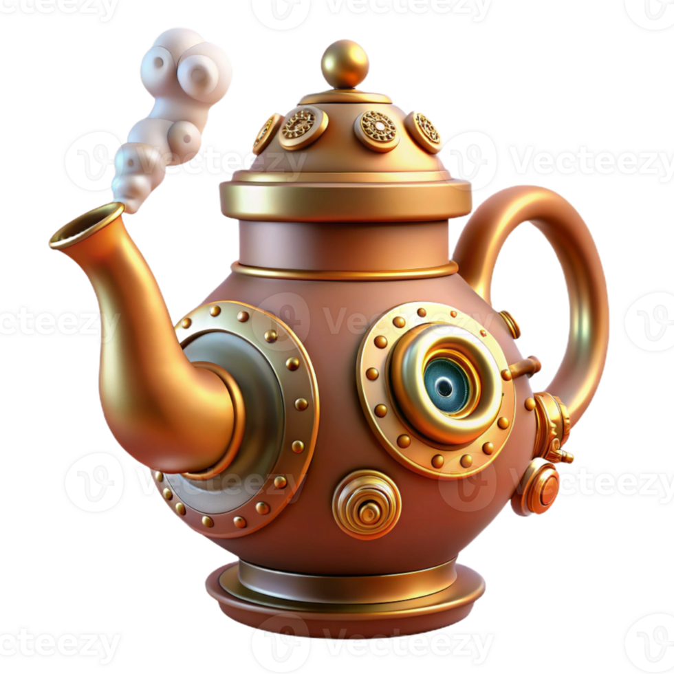 wonderful creative A whimsical steampunk teapot, adorned with gears, cogs, and a whistling steam spout, lit by a warm, kitchen light detailed png