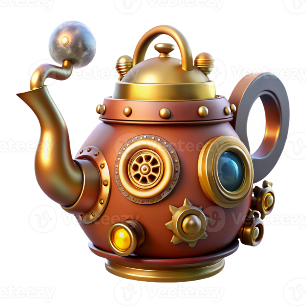 magnificent creative A whimsical steampunk teapot, adorned with gears, cogs, and a whistling steam spout, lit by a warm, kitchen light premium png