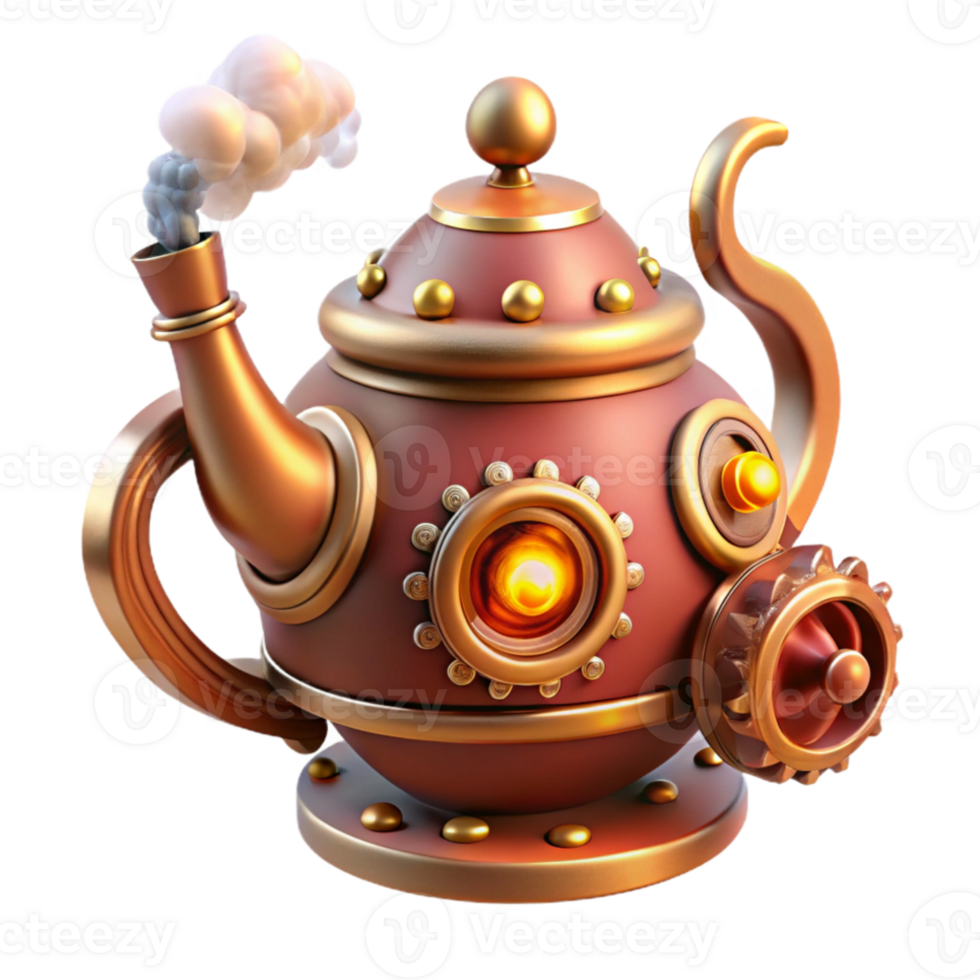 serene rustic A whimsical steampunk teapot, adorned with gears, cogs, and a whistling steam spout, lit by a warm, kitchen light genuine png