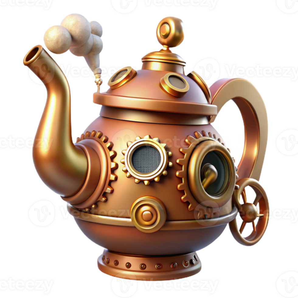 serene modern A whimsical steampunk teapot, adorned with gears, cogs, and a whistling steam spout, lit by a warm, kitchen light premium png