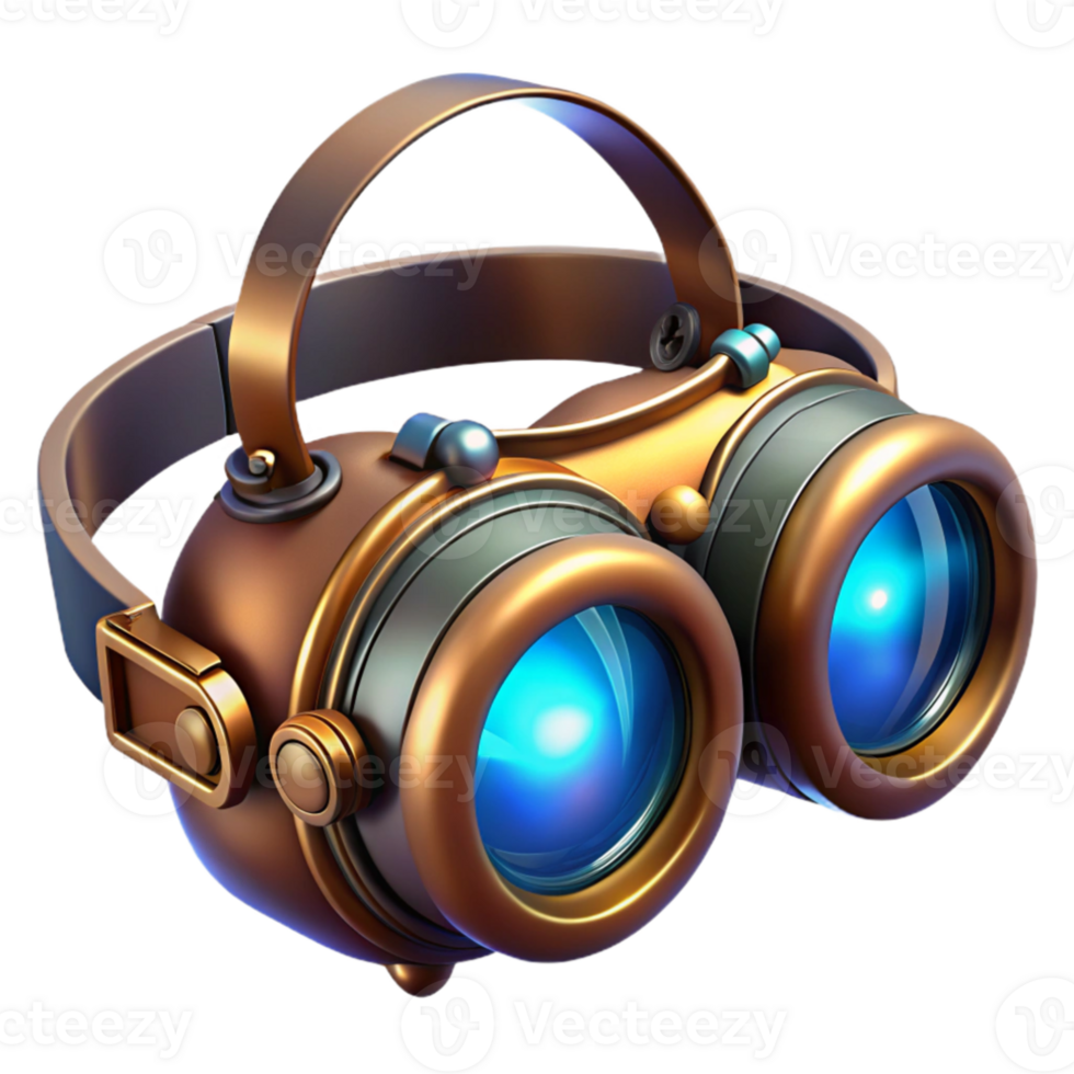 dramatic abstract A futuristic steampunk goggles with intricate lenses and adjustable straps, illuminated by a bright, spotlight premium png