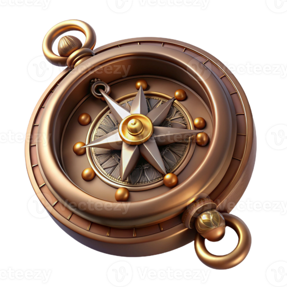 elegant classic A detailed steampunk compass with ornate carvings and a spinning needle, illuminated by a soft, ambient light authentic png