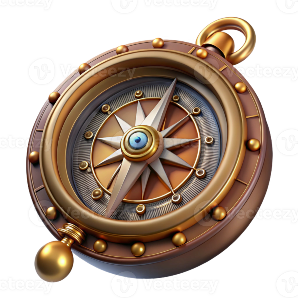 beautiful traditional A detailed steampunk compass with ornate carvings and a spinning needle, illuminated by a soft, ambient light authentic png