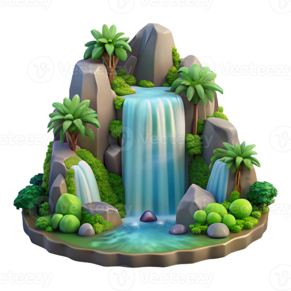 vibrant creative A cascading waterfall surrounded by lush greenery, long exposure photography, romanticism style authentic png
