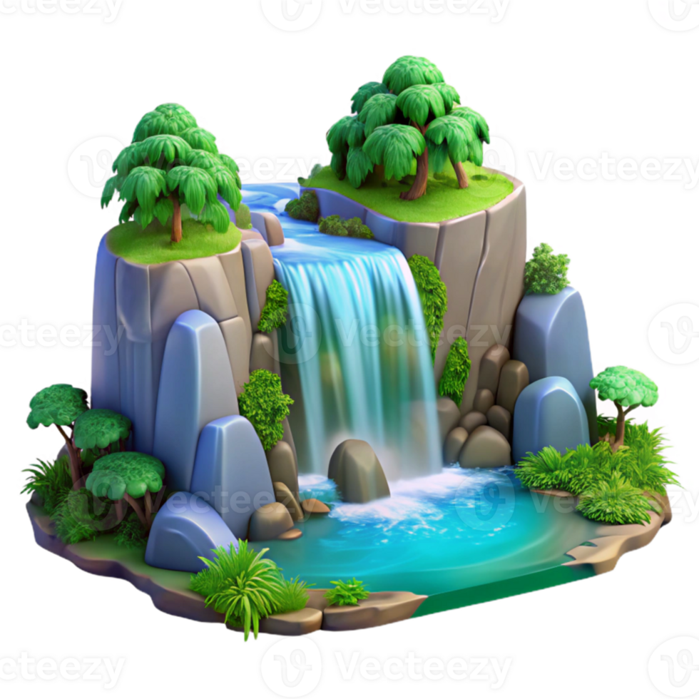 impressive minimalist A cascading waterfall surrounded by lush greenery, long exposure photography, romanticism style premium png