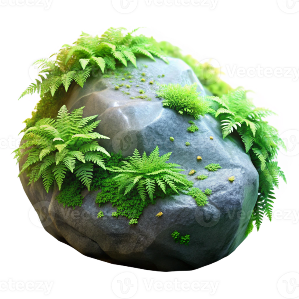 extraordinary abstract A mossy rock covered in tiny ferns, soft diffused light, fantasy art style premium png