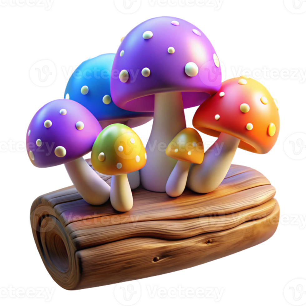 dramatic creative A group of colorful mushrooms growing on a log, fantasy art style, diffused lighting professional png