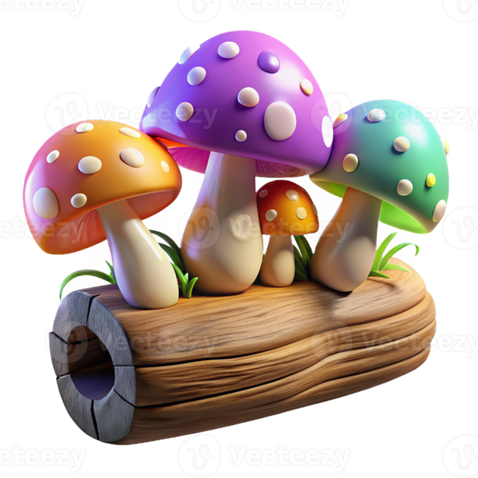 elegant minimalist A group of colorful mushrooms growing on a log, fantasy art style, diffused lighting high resolution png