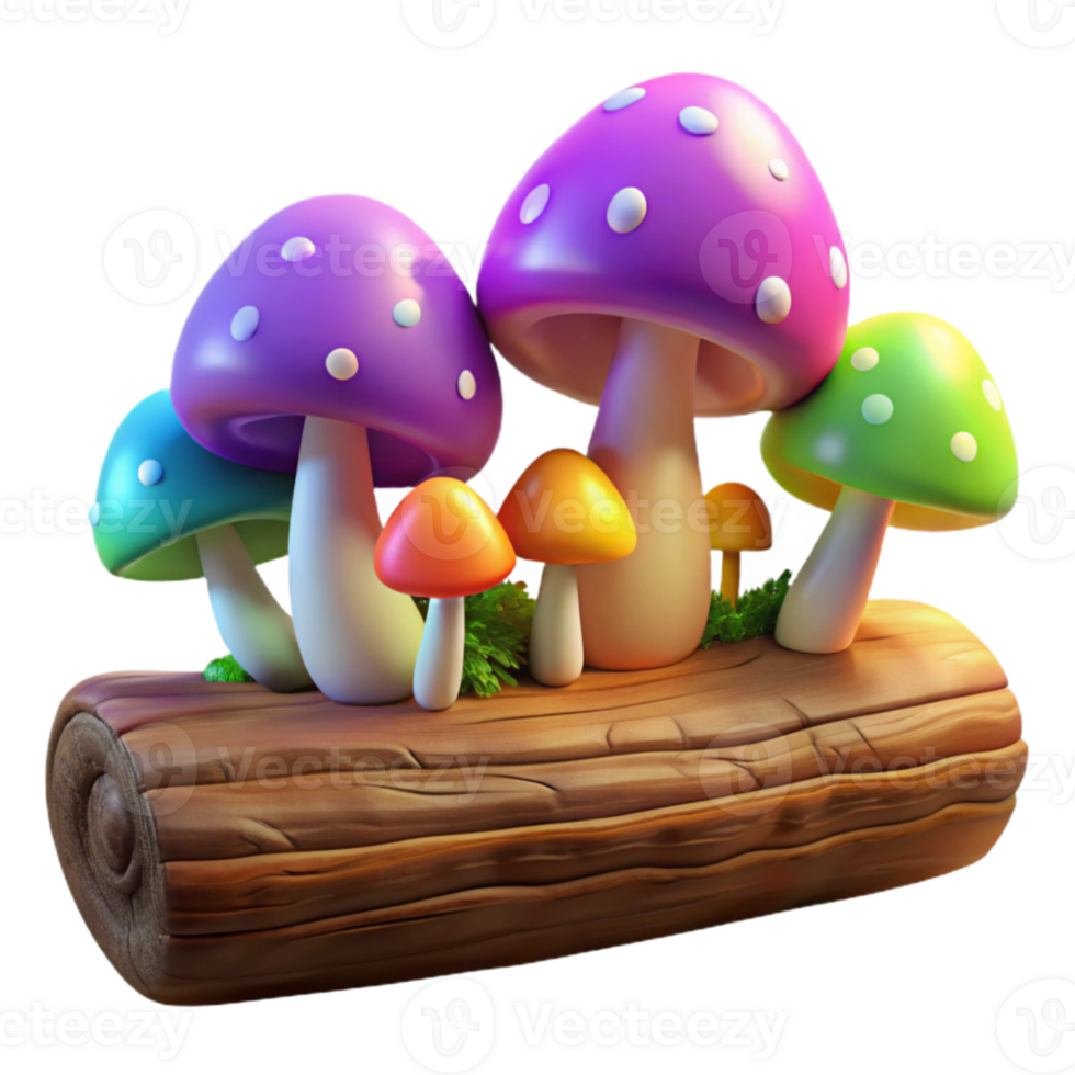 serene modern A group of colorful mushrooms growing on a log, fantasy art style, diffused lighting high resolution png