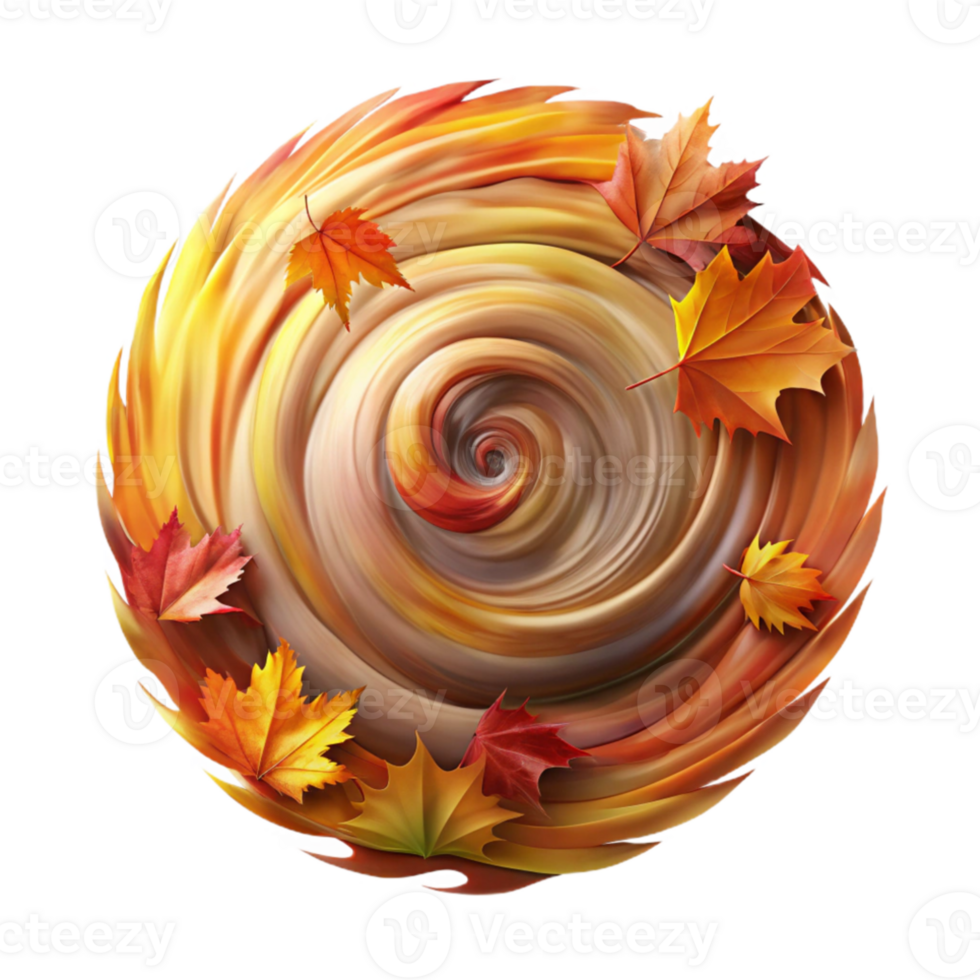 serene abstract A swirling vortex of autumn leaves in vibrant hues, dynamic motion blur, impressionist painting style exclusive png