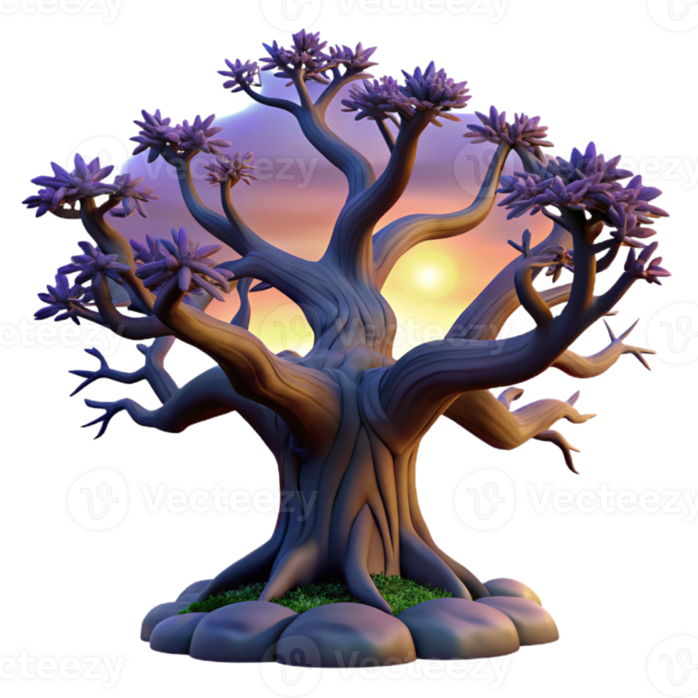 impressive contemporary A gnarled oak tree silhouetted against a twilight sky, dramatic lighting, dark fantasy art style authentic png