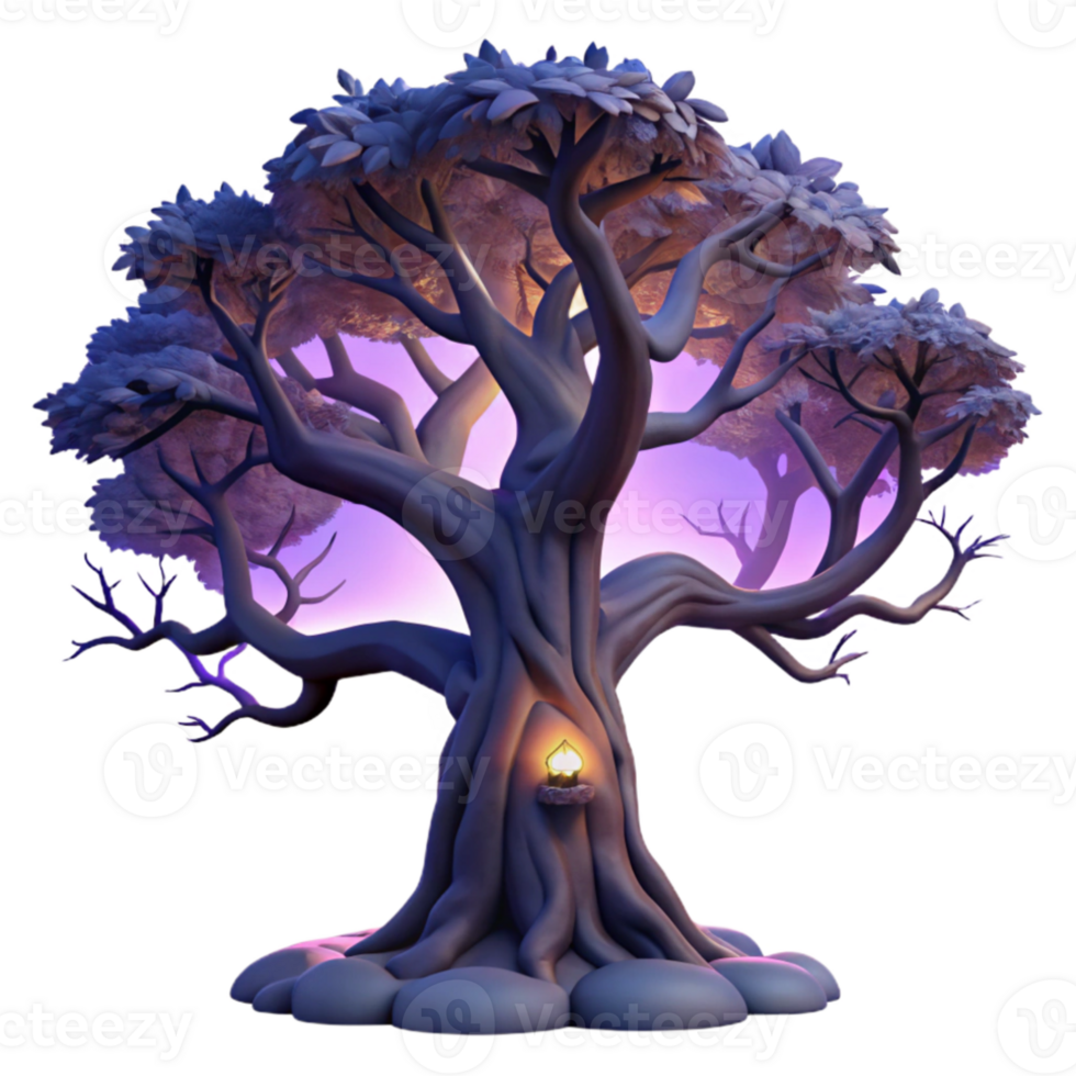 elegant contemporary A gnarled oak tree silhouetted against a twilight sky, dramatic lighting, dark fantasy art style high quality png