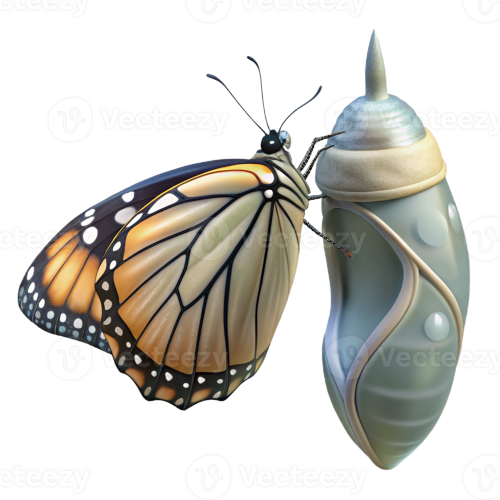 impressive vintage A close-up of a butterfly emerging from its chrysalis, transformative imagery, nature documentary style high resolution png