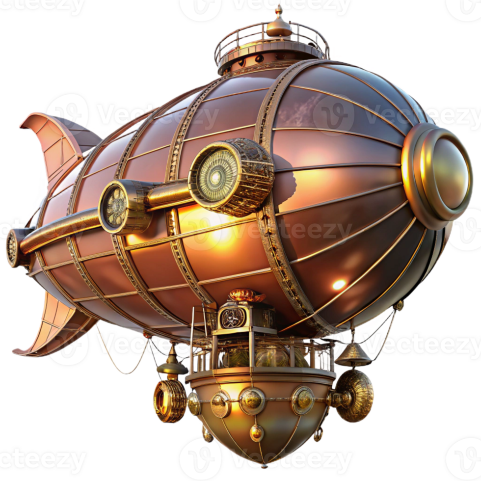 extraordinary contemporary A majestic steampunk airship, copper and brass, intricate gearwork visible, illuminated by a warm sunset glow, highly detailed, cinematic lighting authentic png