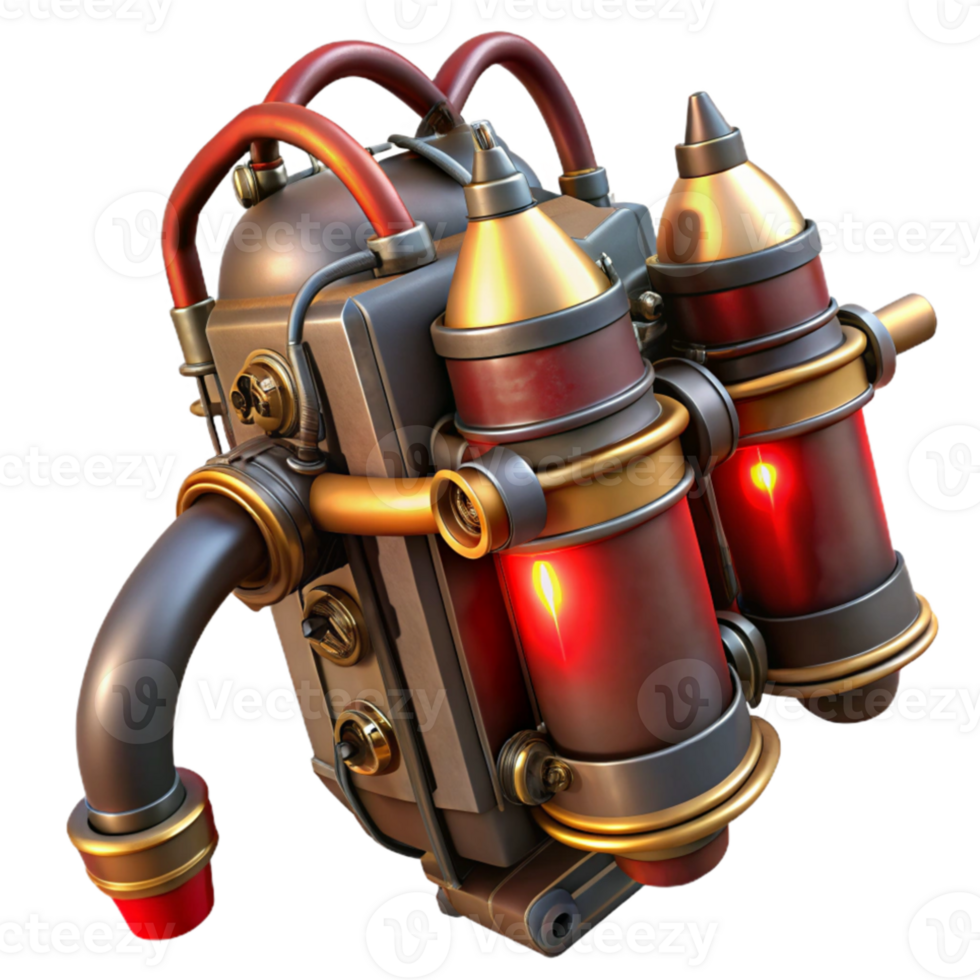 wonderful minimalist A steampunk jetpack, intricate brass pipes and valves, glowing red thrusters, worn leather straps, dynamic pose, cinematic lighting exclusive png