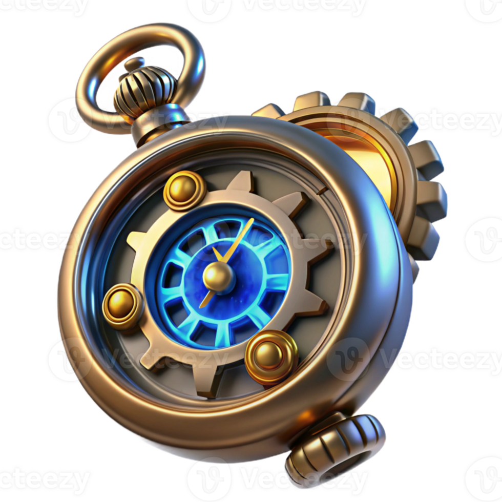 beautiful minimalist A steampunk pocket watch, intricate gears and cogs, roman numerals, glowing blue energy core, close-up, ray tracing, octane render authentic png