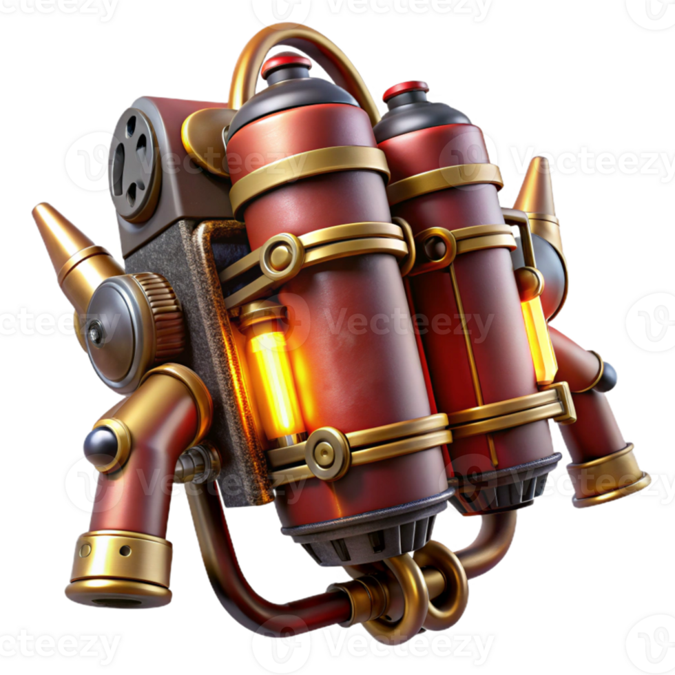 serene rustic A steampunk jetpack, intricate brass pipes and valves, glowing red thrusters, worn leather straps, dynamic pose, cinematic lighting 4K png