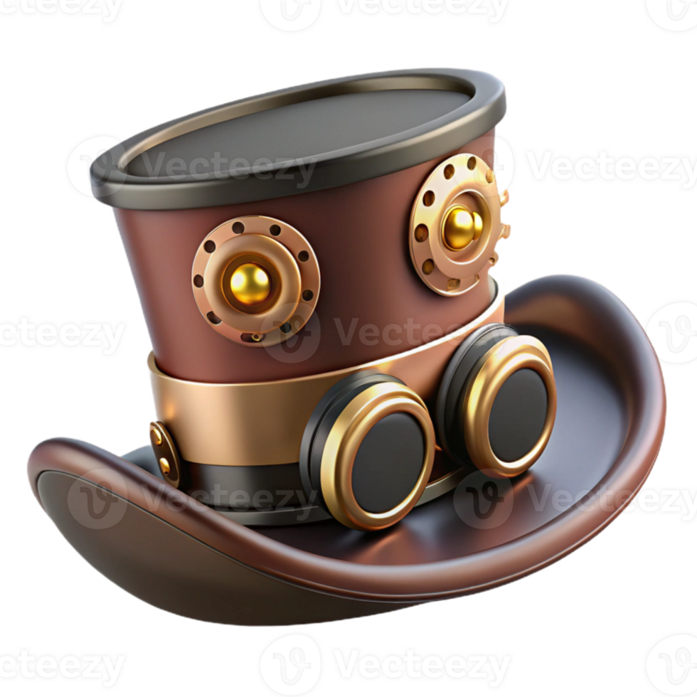 serene abstract A steampunk top hat, brass gears and goggles attached, dark leather band, cogs turning, dynamic lighting, art deco style 4K png