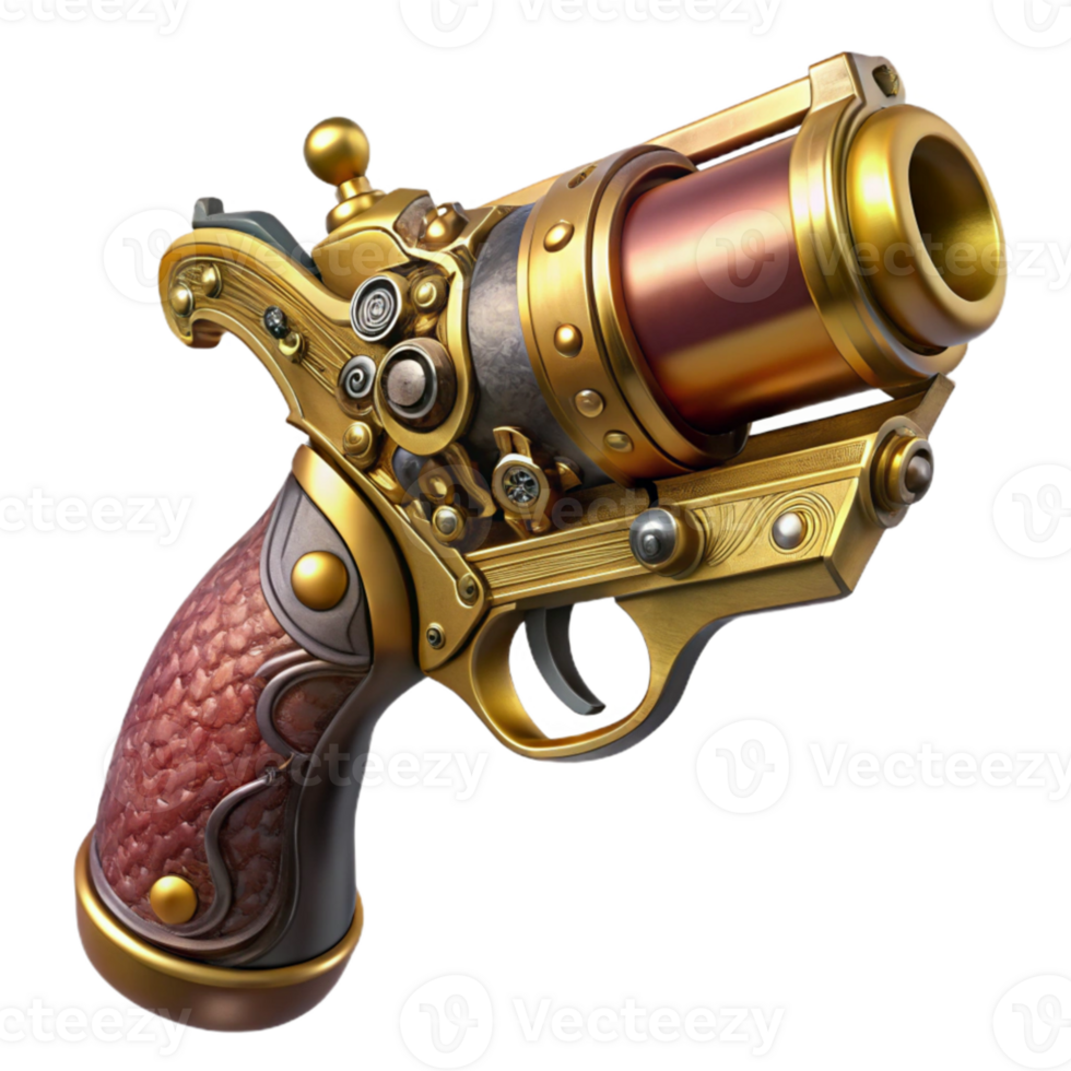 serene modern A steampunk pistol, ornate engravings, polished wood grip, spinning brass cylinder, dramatic lighting, hyperrealistic style original png