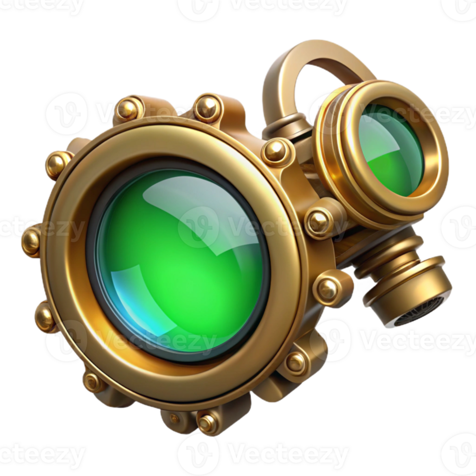 elegant classic A steampunk monocle, intricate gears and lenses, brass frame, glowing emerald lens, close-up, photorealistic style high resolution png