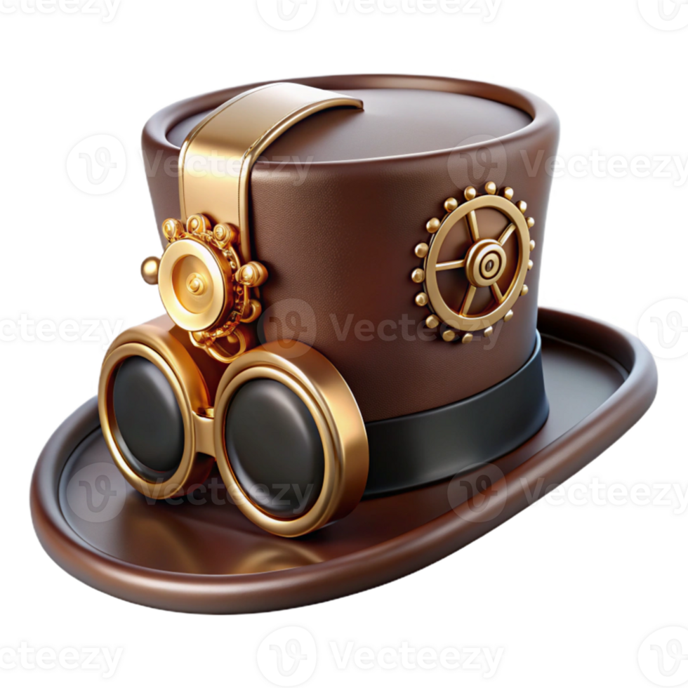 beautiful modern A steampunk top hat, brass gears and goggles attached, dark leather band, cogs turning, dynamic lighting, art deco style detailed png