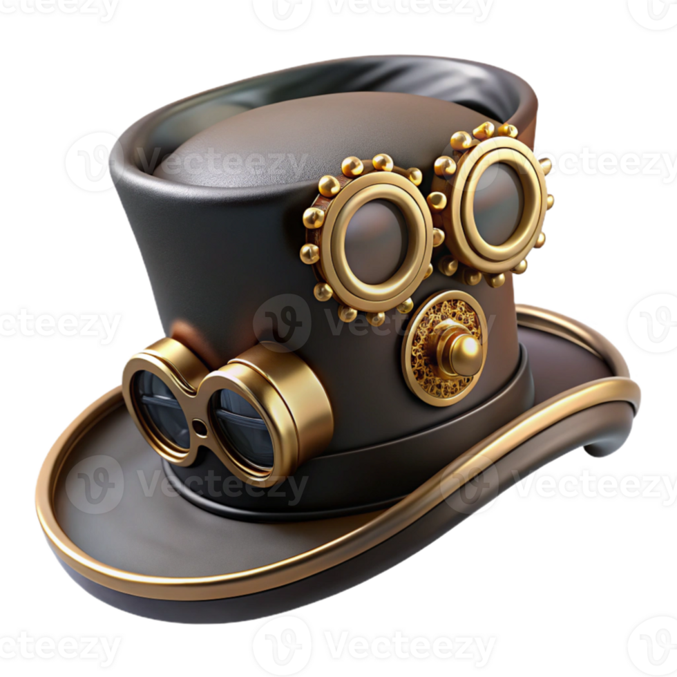 stunning minimalist A steampunk top hat, brass gears and goggles attached, dark leather band, cogs turning, dynamic lighting, art deco style authentic png