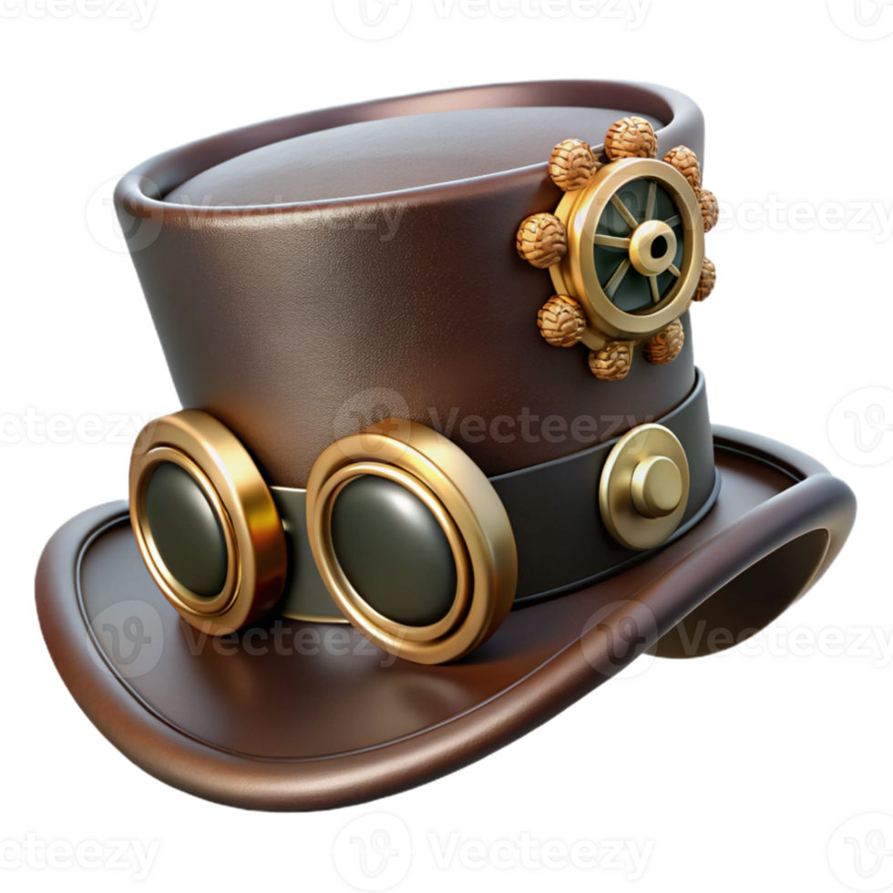 vibrant rustic A steampunk top hat, brass gears and goggles attached, dark leather band, cogs turning, dynamic lighting, art deco style 4K png