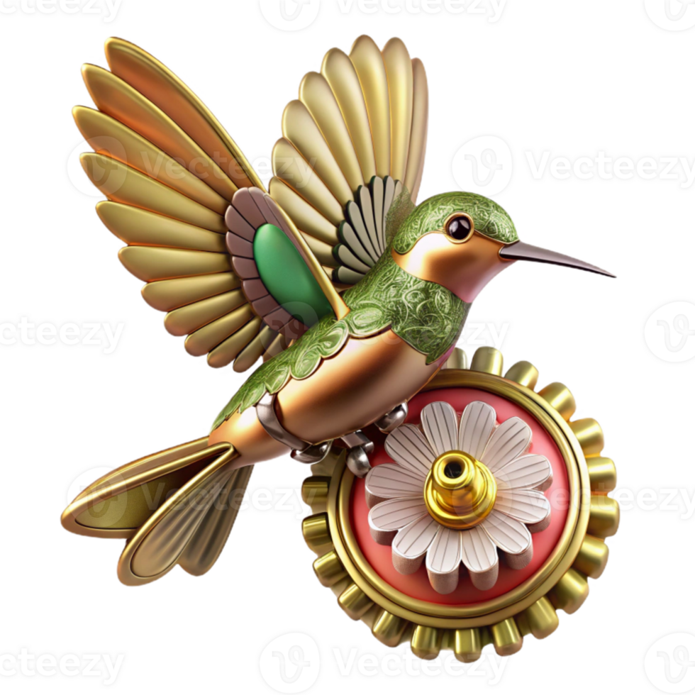 extraordinary modern A steampunk hummingbird, delicate clockwork wings, brass and copper body, hovering over a gear-shaped flower, soft lighting, art nouveau style high quality png