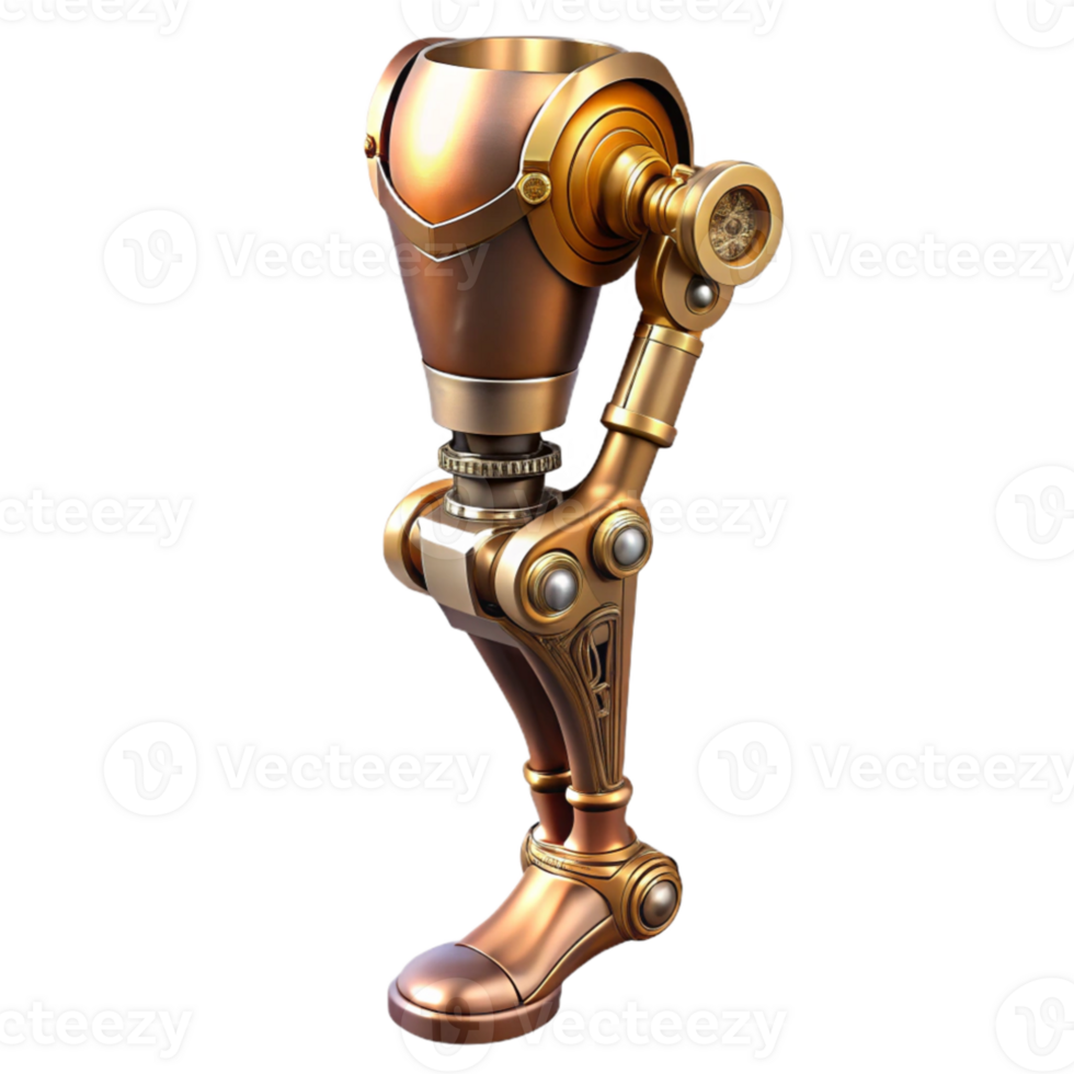 vibrant vintage A steampunk prosthetic leg, polished brass and copper, intricate clockwork joints, dynamic pose, dramatic lighting, cyberpunk style high quality png