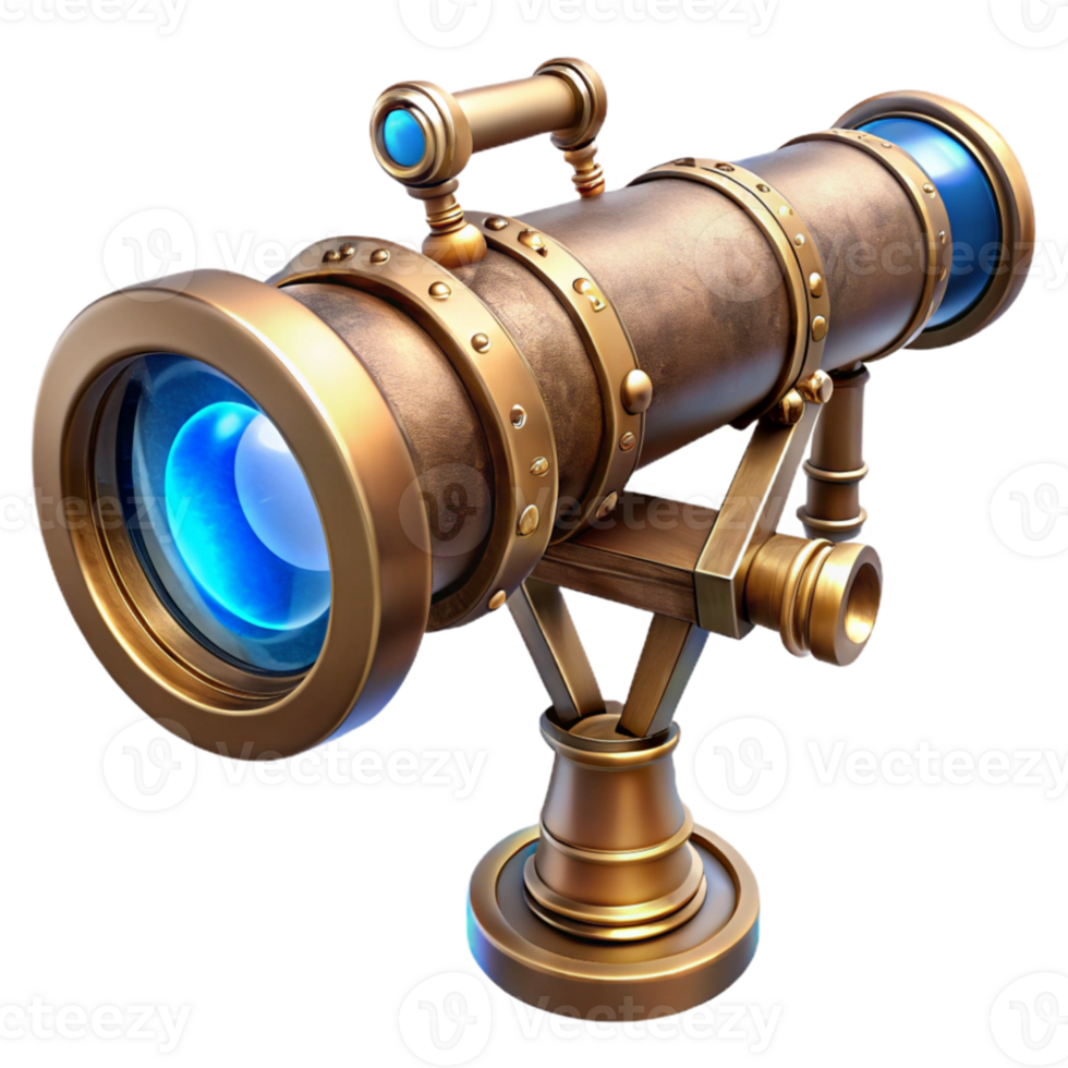 beautiful rustic A steampunk telescope, ornate brass and copper, intricate lenses, glowing blue lens flare, detailed, vintage style exclusive png