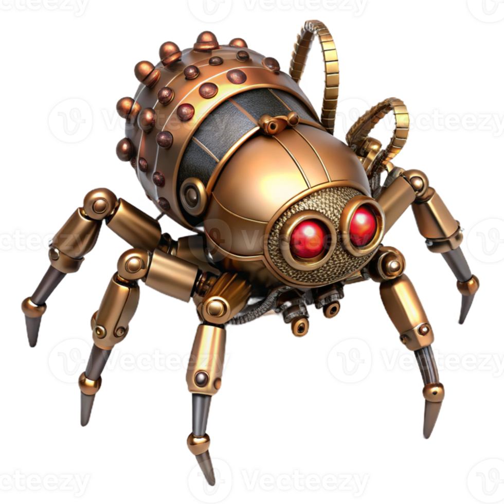 impressive vintage Steampunk mechanical spider, brass and copper body, eight articulated legs with gears, glowing red eyes, crawling on a gear-covered surface 4K png