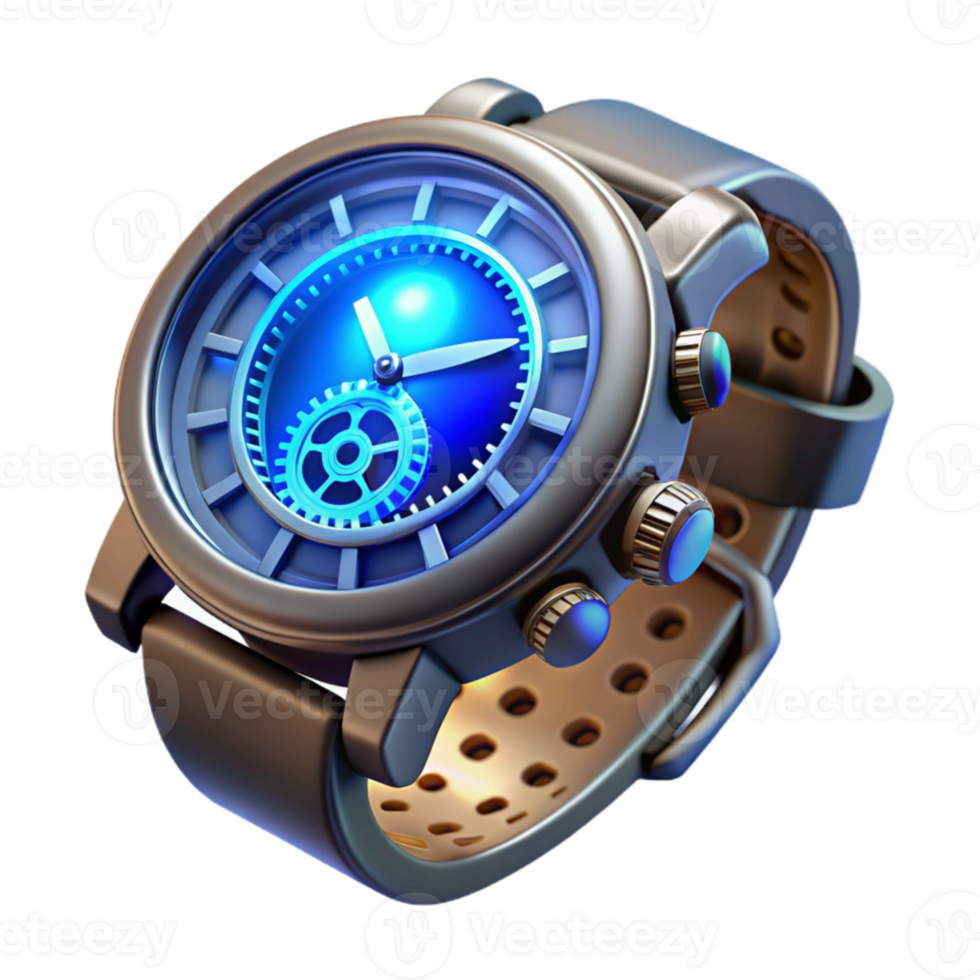elegant traditional Steampunk wristwatch, intricate gears visible through crystal face, roman numerals, glowing blue hands, close-up, hyperrealistic premium png